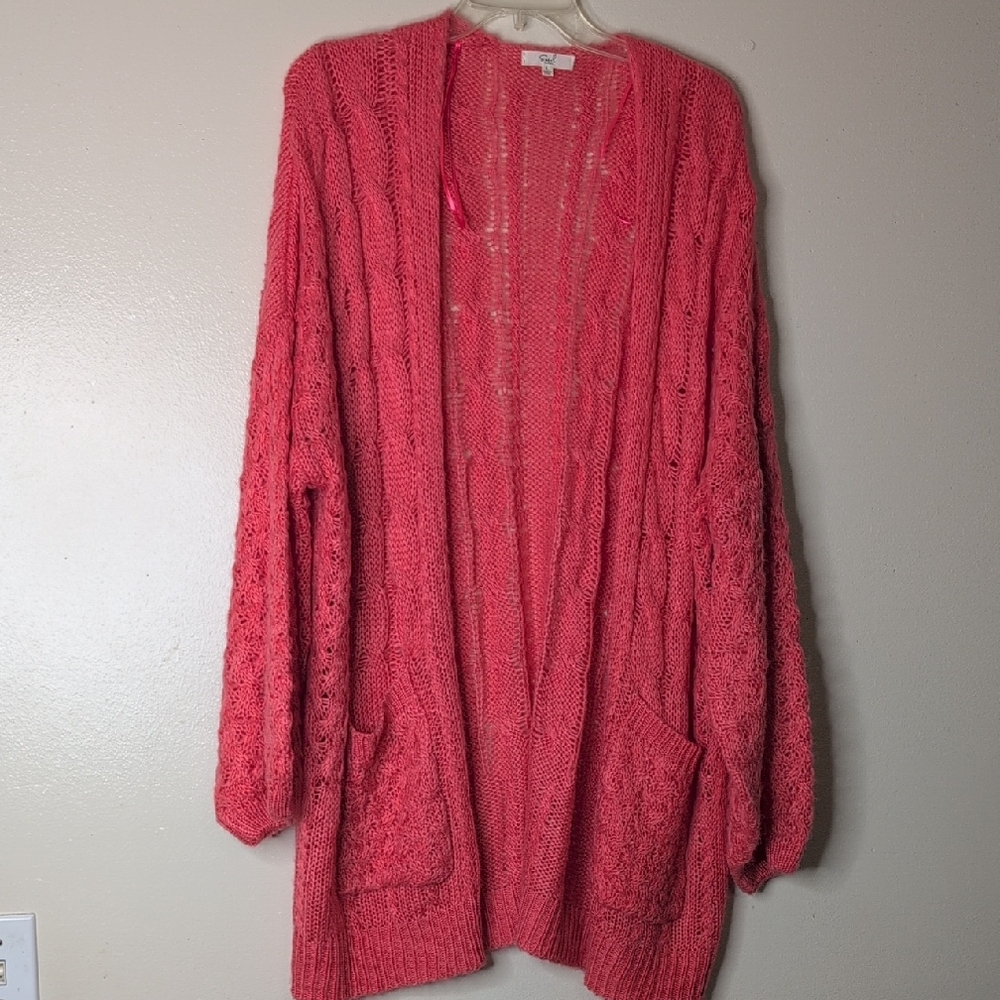 Easel Coral Knit Cable Cardigan Sweater oversized Balloon Sleeves Size Large